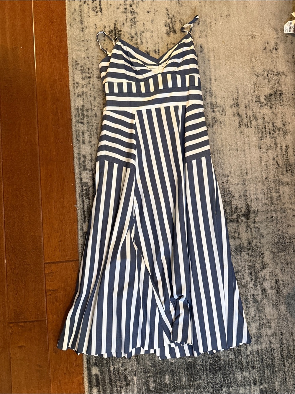 Veronica Beard Navy and White Striped Midi Spaghetti-Strap Dress